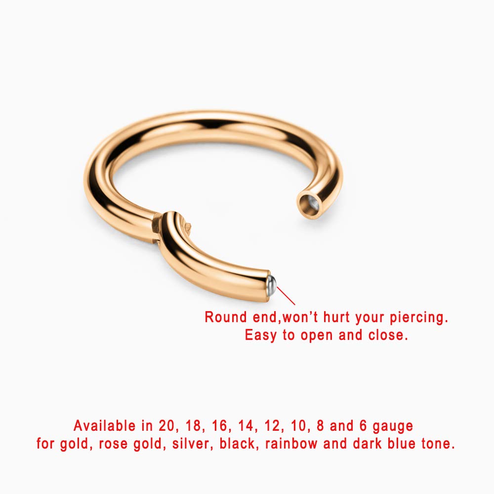 FANSING 12mm Hoop Earrings - 18k Rose Gold-Plated, 8 Gauge Septum Jewelry, Surgical Steel Clicker Rings for Men & Women
