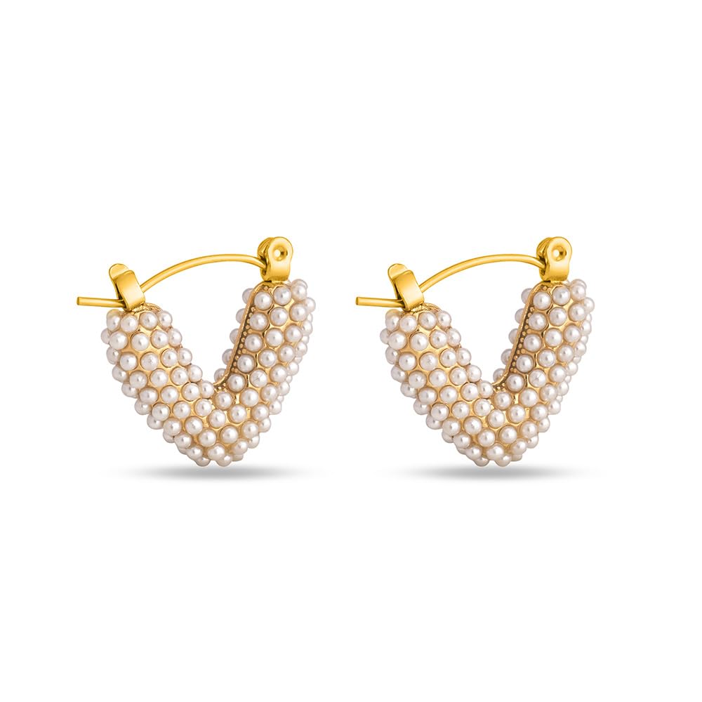 Palmonas Heart Shapped Pearl Hoop Earrings For Women  Gold Plated, Waterproof & Anti Tarnish Earrings | Gift For Women & Girls 