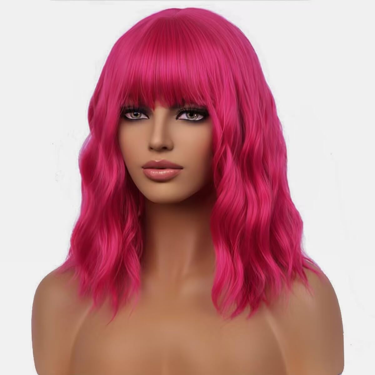 WTHCOS Hot Pink Short Curly Wavy Wig for Women, Heat Resistant Synthetic Bob Wig with Bangs for Cosplay and Parties