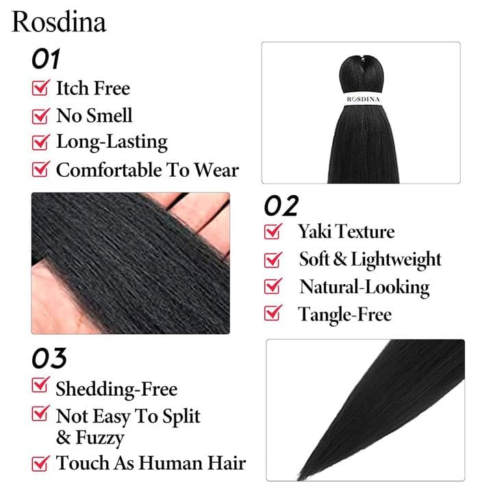 Rosdina Pre-Stretched Braiding Hair - 18 Inch 8 Packs Natural Black Longt Braiding Hair For Twist Or Box Braids, Yaki Texture Ho