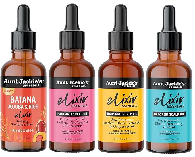 Aunt Jackies Curls & Coils Elixirs Hair & Scalp Oils Collection  Batana Oil 2oz, Biotin Rosemary Mint 2oz, Collagen Tea Tree E