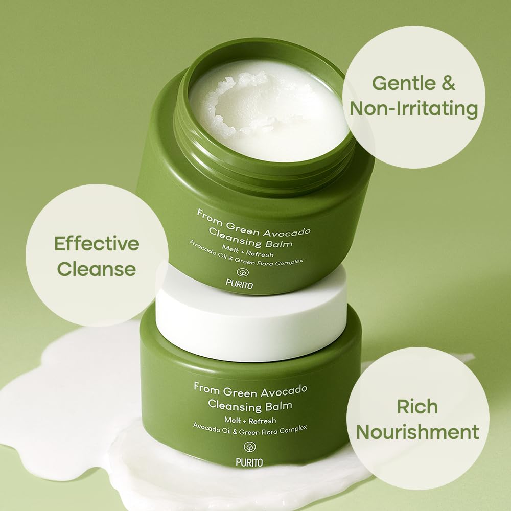 PURITO From Green Avocado Cleansing Balm 100ml / 3.38 fl. oz., Melt-In Moisture with Avocado Oil, Vegan, Cruelty-Free, Suitable