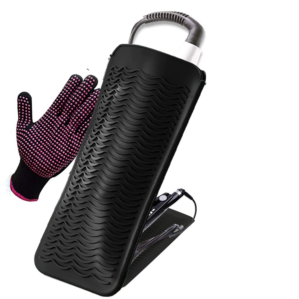 Heat Resistant Silicone Mat and Glove Set for Hair Straighteners and Flat Irons - 11'' x 6'' Mat, 8.7'' x 5.2'' Bump Glove, Blac