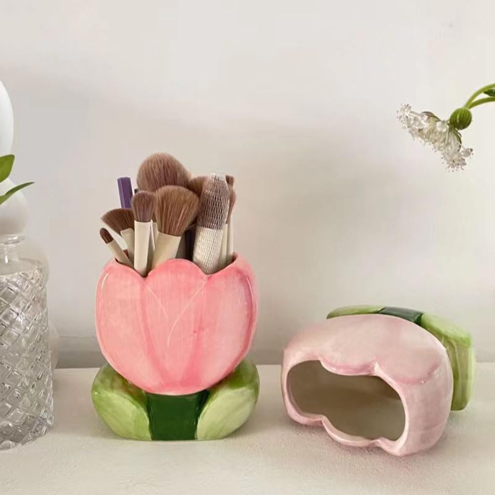 Amzwish Ceramic Tulip Flower Design Makeup Brush Holder Stand For Countertop, Vanity Table, Desk, Organizer For Bathrooms, Kitch
