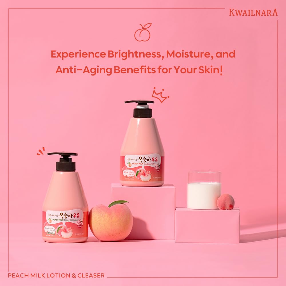 Welcos Kwailnara Peach Milk Body Lotion & Body Wash Set - Hydrating & Nourishing Korean Skincare Set With Peach Extract, 560 G /