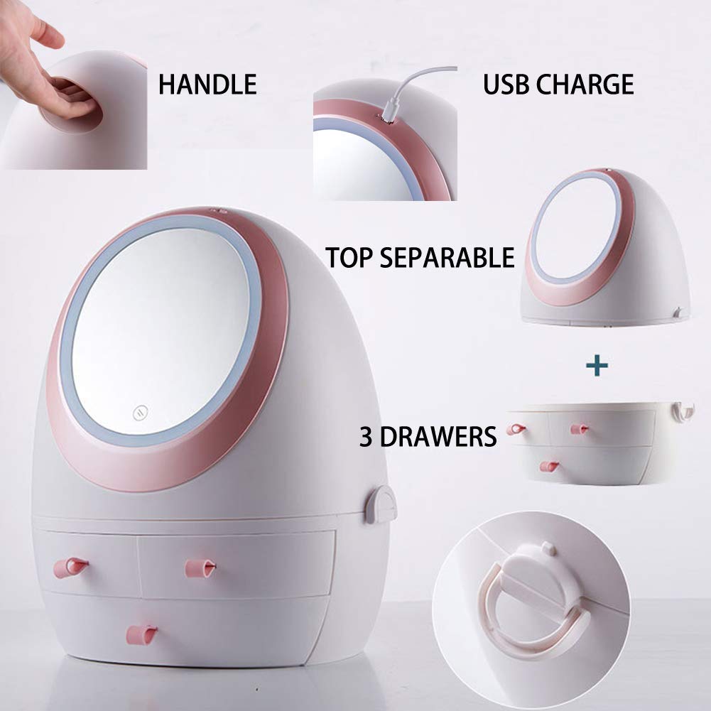 Sooyee Makeup Organizer,Bathroom Counter Organizer, Modern Jewelry and Cosmetic Display Cases with Led Lighted Mirror,Make Up Or