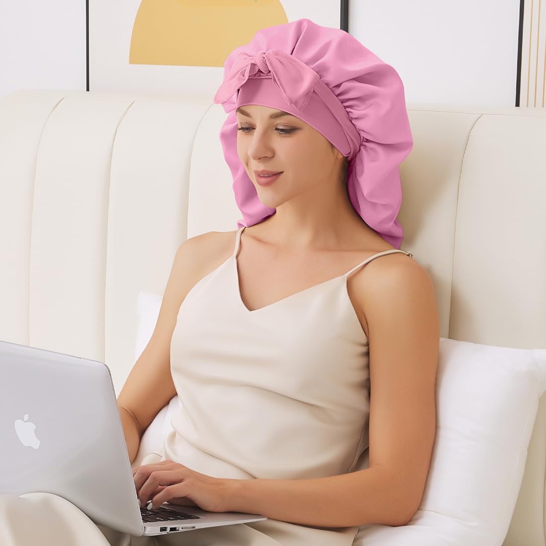 Long Satin Bonnet For Sleeping, Satin Lined Braid Bonnet With Elastic Band, Adjustable Long Strap Bonnets For Women Braids(Rose