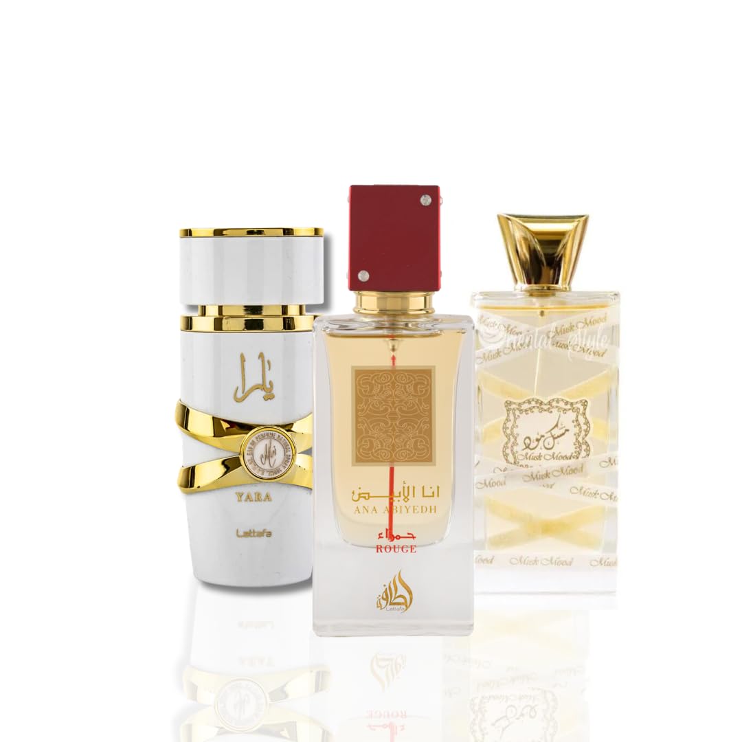 Lattafa 3-Piece Set for Unisex, (3.4 Oz Musk Mood Eau De Parfum Spray + 2.0 Oz Ana Abiyedh Rouge Eau De Parfum Spray + 3.4 Oz Ya