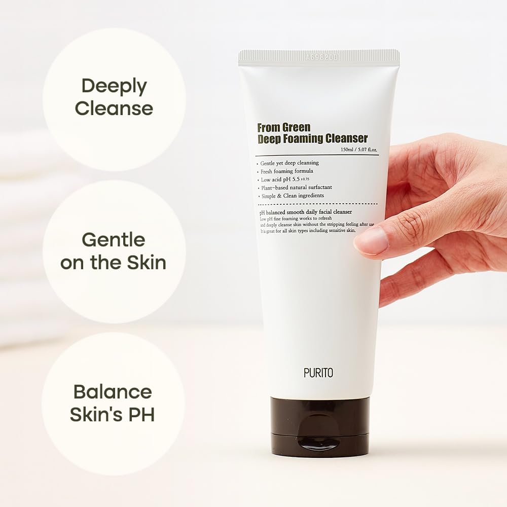 Purito From Green Deep Foaming Cleanser 150Ml / 5.07 Fl.Oz, Ph 5.5, Plant-Based, Natural Ingredients, Cruelty-Free, Vegan
