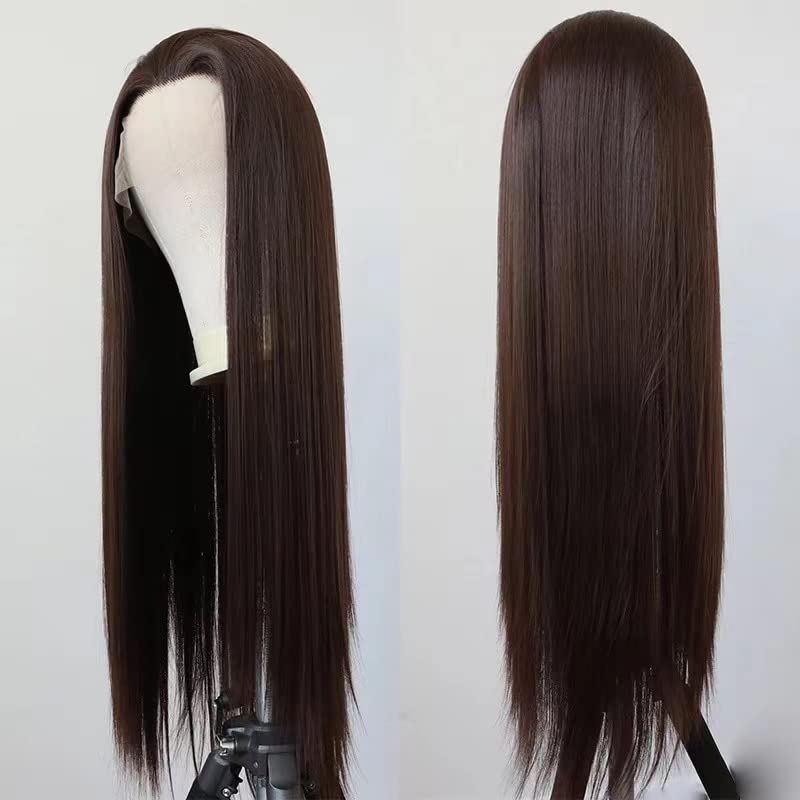Wxhwcx Long Brown Synthetic Lace Front Wig Realistic Looking Long Straight Free Part Lace Front Wig For Womens Daily Wigs 24Inch