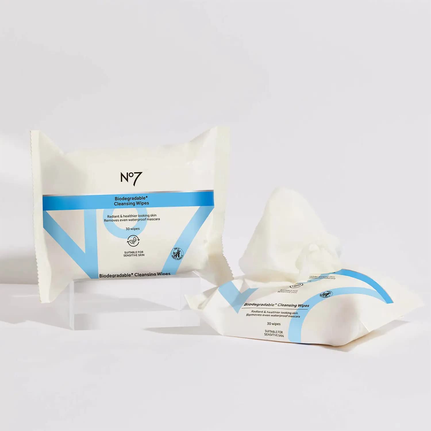 No7 Biodegradable Cleansing Wipes - Waterproof Mascara & Makeup Remover Wipes - Vitamin B5 + Witch Hazel & Fennel Extract Facial