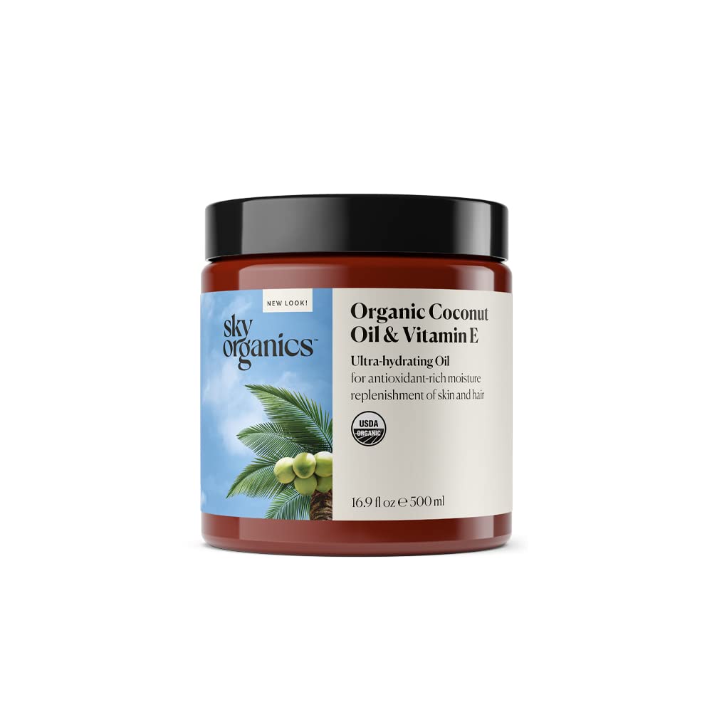 Sky Organics Organic Coconut Oil + Vitamin E for Skin & Hair USDA Certified Organic to Moisturize, Soften & Smooth, 16.9 fl. Oz