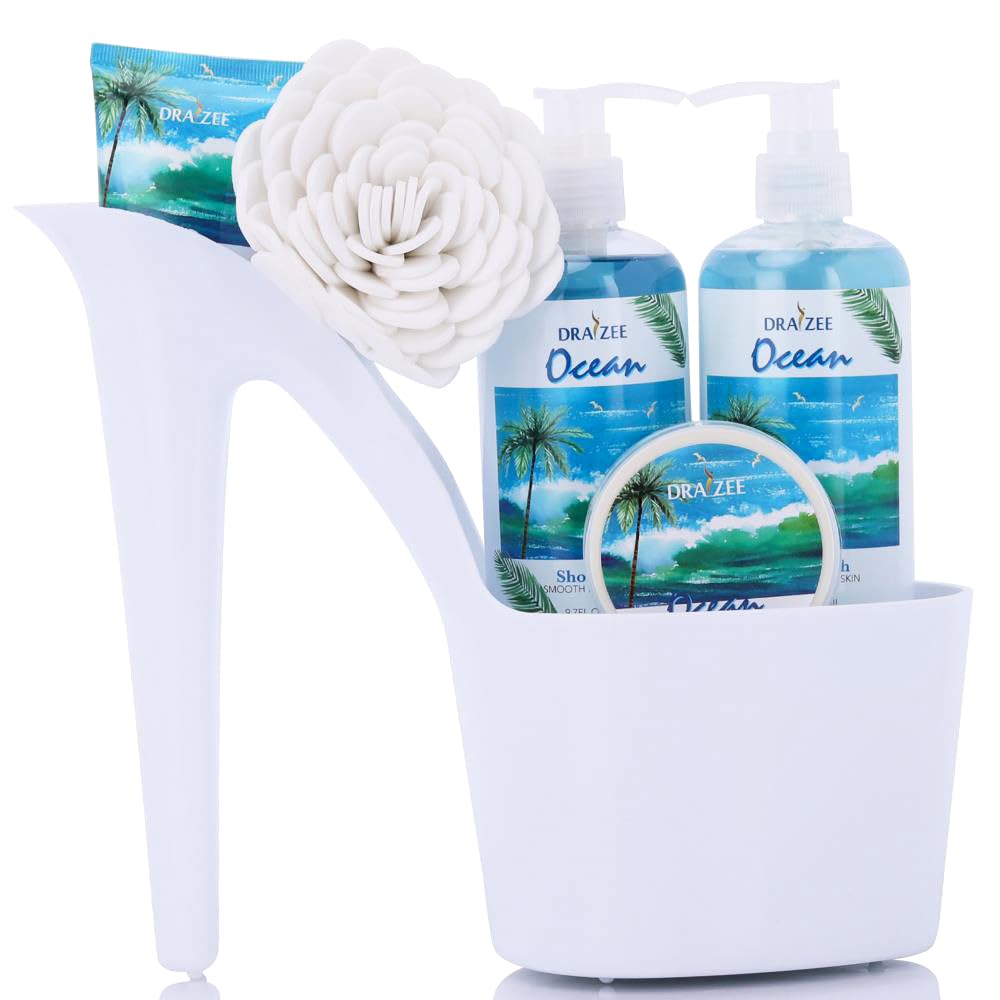 Spa Gift For Women - 5 Pcs Luxury Heel Shoe Spa Basket For Women Ocean Scent Home Relaxation Set W/ Body Lotion & Butter, Shower