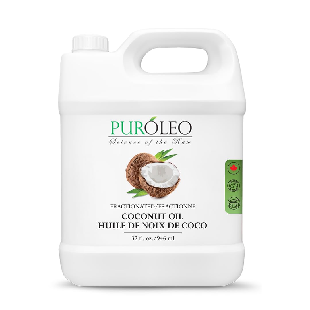 PUROLEO Fractionated Coconut Oil 32 Fl Oz/946 ML (Packed in Canada) 100% Natural and odorless Moisturizer & Carrier Oil l Hair Skin Body, Aromatherapy, Massage, Makeup Remover