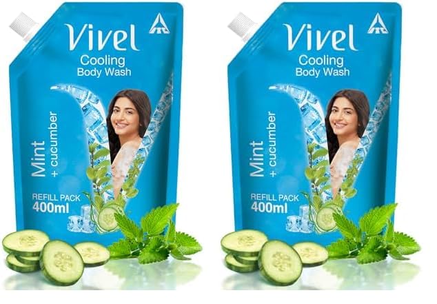 Vivel Cooling Body Wash, Mint & Cucumber Shower Gel, 400 Ml Supersaver Refill Pouch, Moisturizing & Fragrant Bodywash, For Soft,