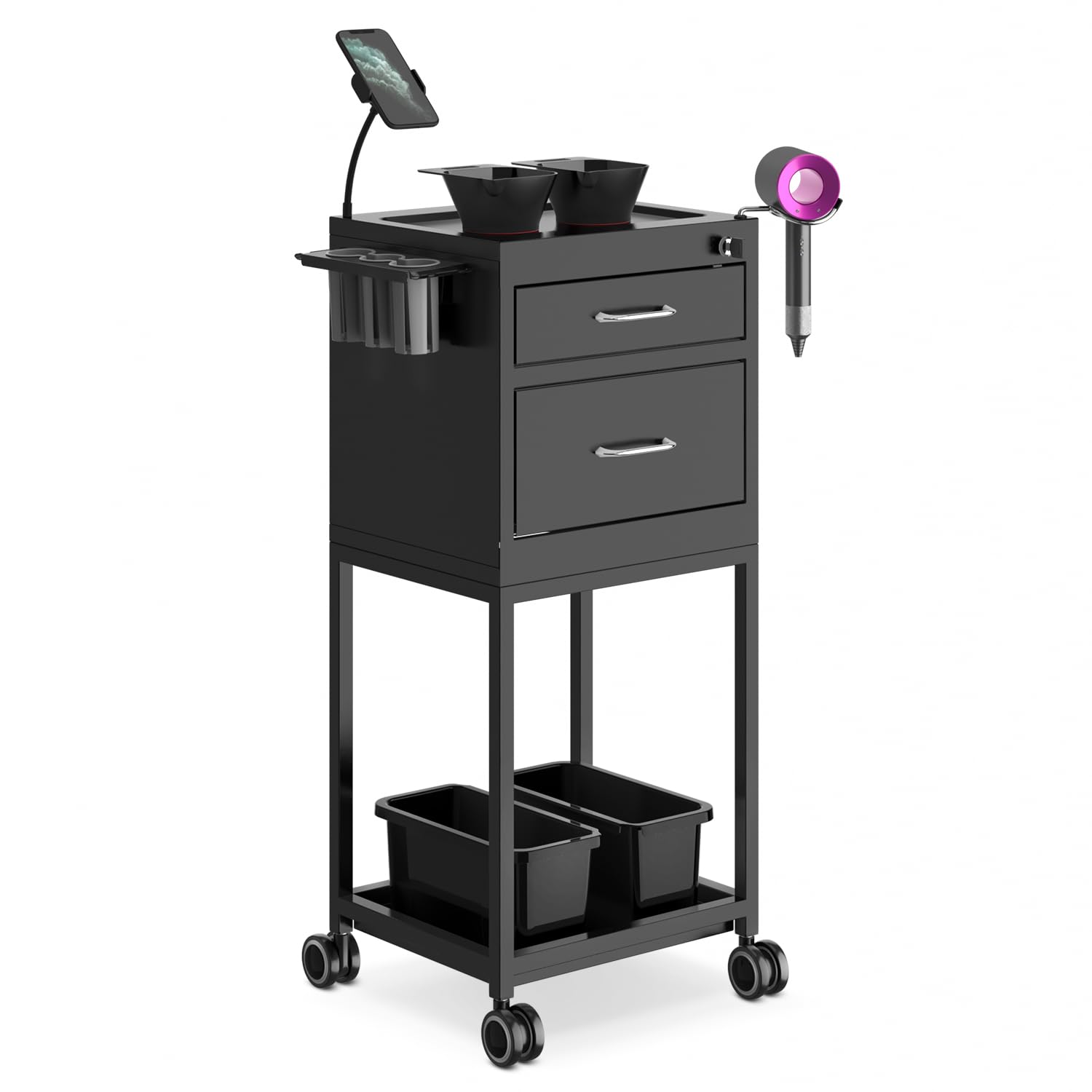Salondepot Salon Cart Lockable Metal Storage Trolley With Wheels Sturdy Rolling Work Station, High End Tool Organizer With 2 Mag