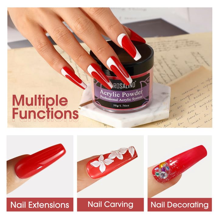 ROSALIND Red Acrylic Nail Powder 50g/1.76oz Acrylic Red Powder for Nail Acrylic Extension, Professional Crystal Polymer Red Nail