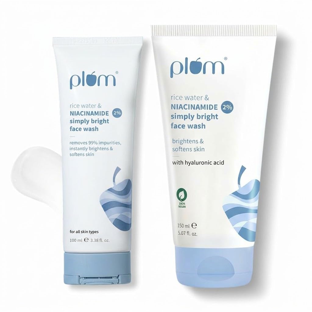 Plum Simply Bright Face Wash Combo Pack  2% Niacinamide & Rice Water Cleanser Set (100Ml + 150Ml) | Skin Brightening, Hydrating