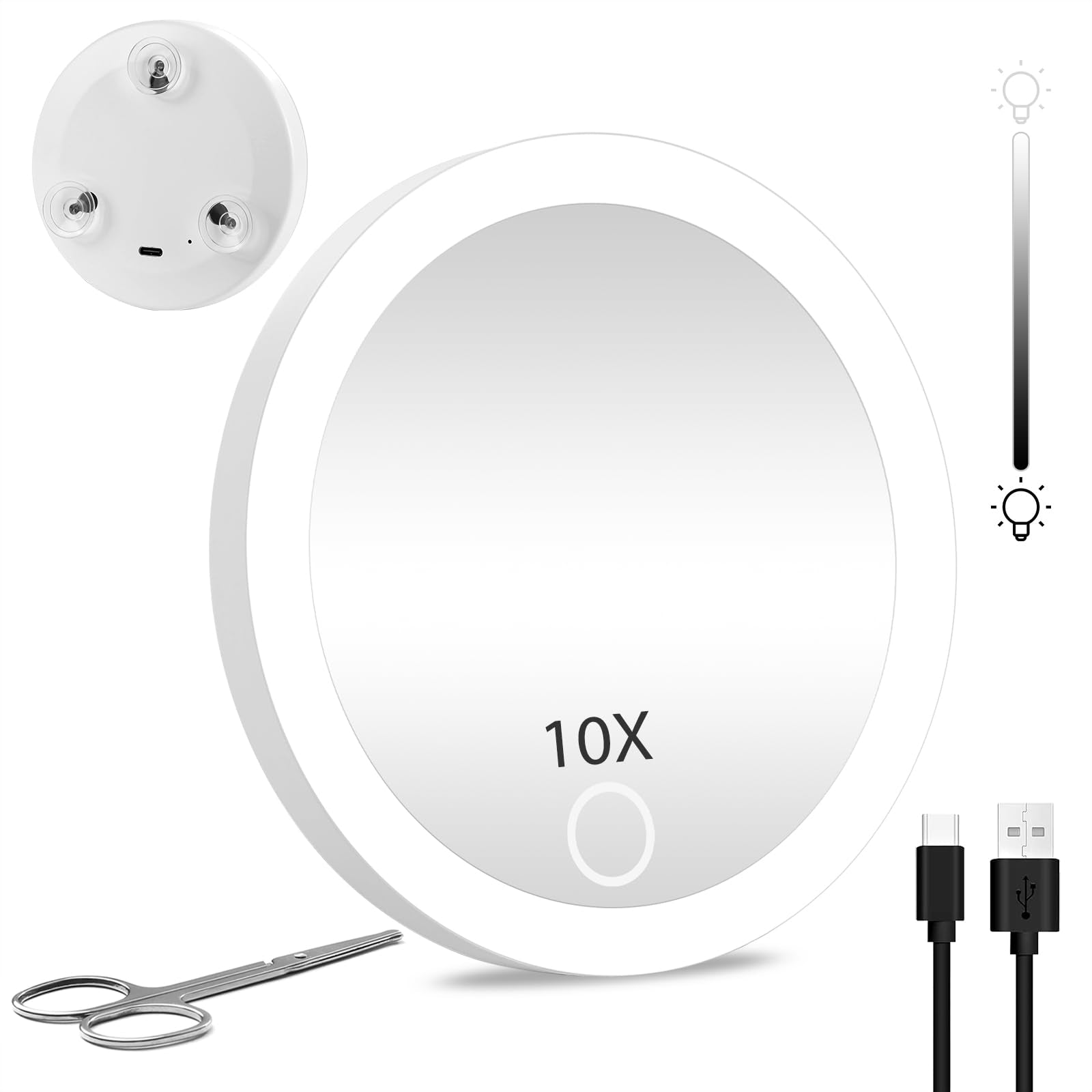 Compact Led Magnifying Mirror, 10X Magnifying Mirror With Lights, 10X Travel Magnified Mirror With Suction Cups, 4'' Pocket Magn