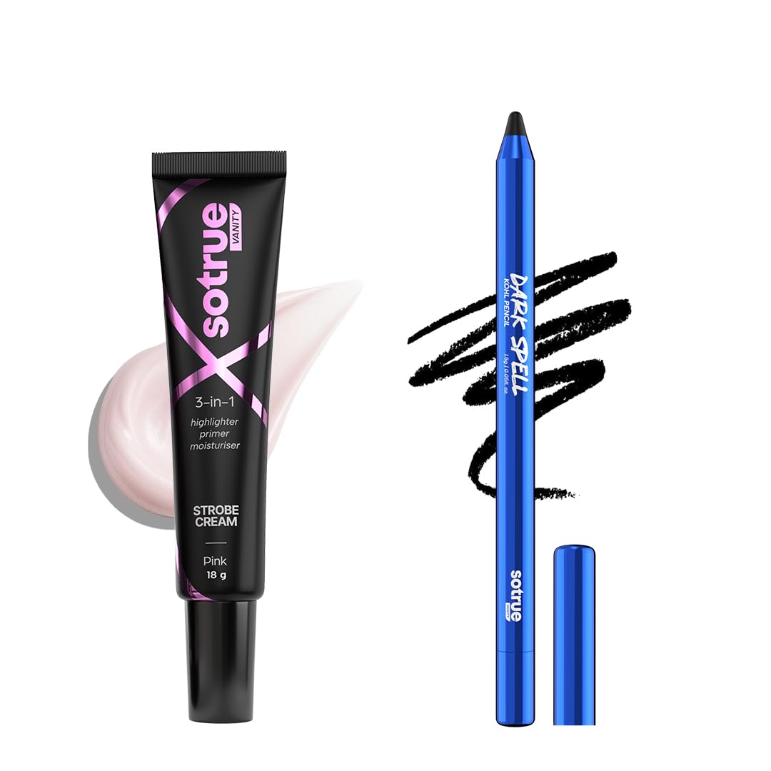 Sotrue Dark Spell Kohl Kajal + Pink Radiance Multipurpose Strobe Cream Combo | 24H Smudgeproof Kajal, Instant Glow | Waterproof 