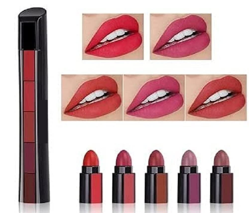 Swizhuda Red 5 In 1 Waterproof Matte Lipstick Set Makeup Cosmetic Moisturize Long Lasting Colorful Lipstick, 7.5 G