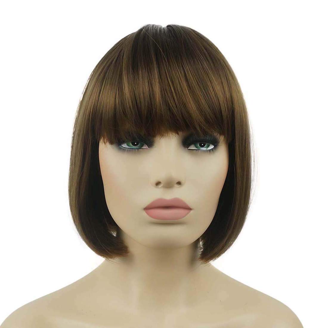 Lydell 8'' Straight Short Bob Hair Flat Bangs Cute Central Dot Skin Top Heat Resistant Synthetic Wigs (Light Reddish Golden Brow
