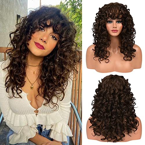 LONAI Curly Wig with Bangs for Women Long 23Inch Chocolate Brown Kinky Wigs with Wispy Bangs WIG001 Curly Gorgeous Shag Syntheti