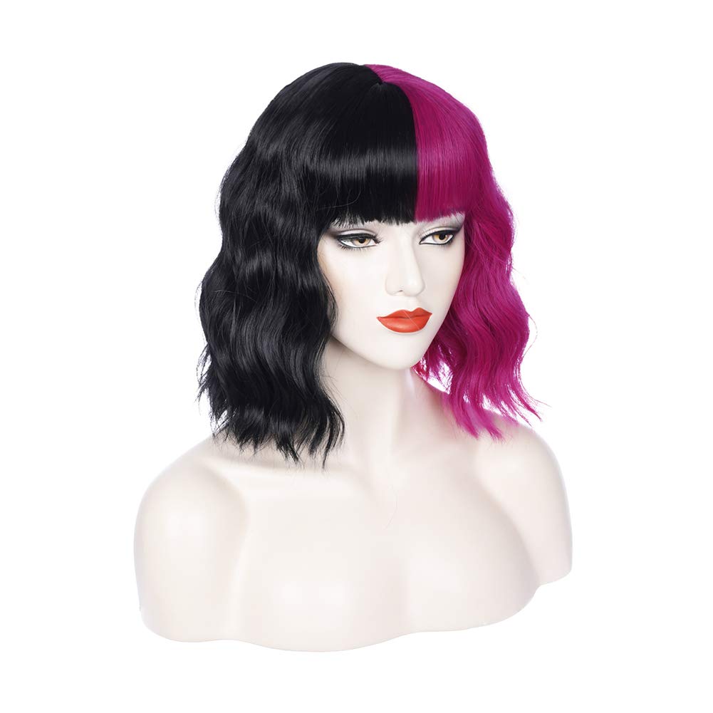 PATTNIUM Two Tone Black Pink Wig - Short Curly Synthetic Hair with Bangs, Model GG42, Heat Resistant Cosplay Party Wig