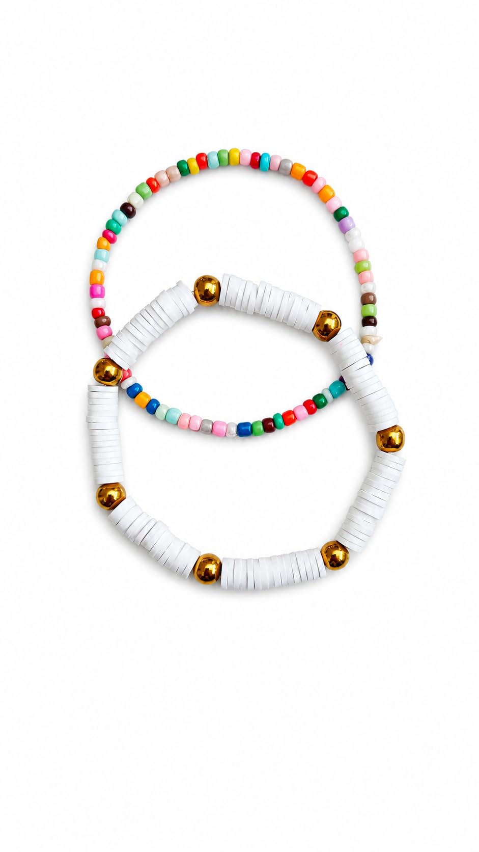 Aumire Boho Beaded Bracelet Set For Women & Girls | 2Piece Stretch Bracelet Set With White Heishi Beads, Colorful Beads & Gold 