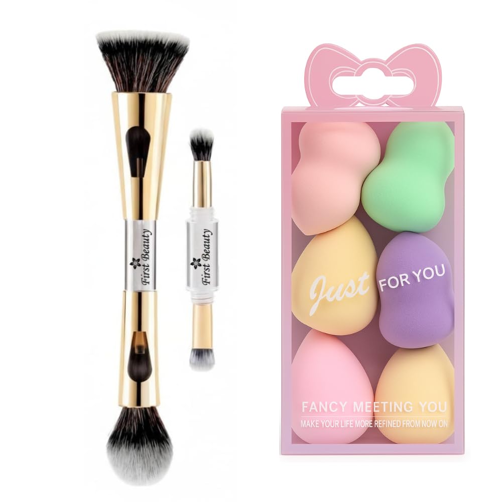 First Beauty 4 In 1 Makeup Brush With Colorful Beauty Sponge Set | MultiUse Face Brush For Foundation Concealer Blush Highlight