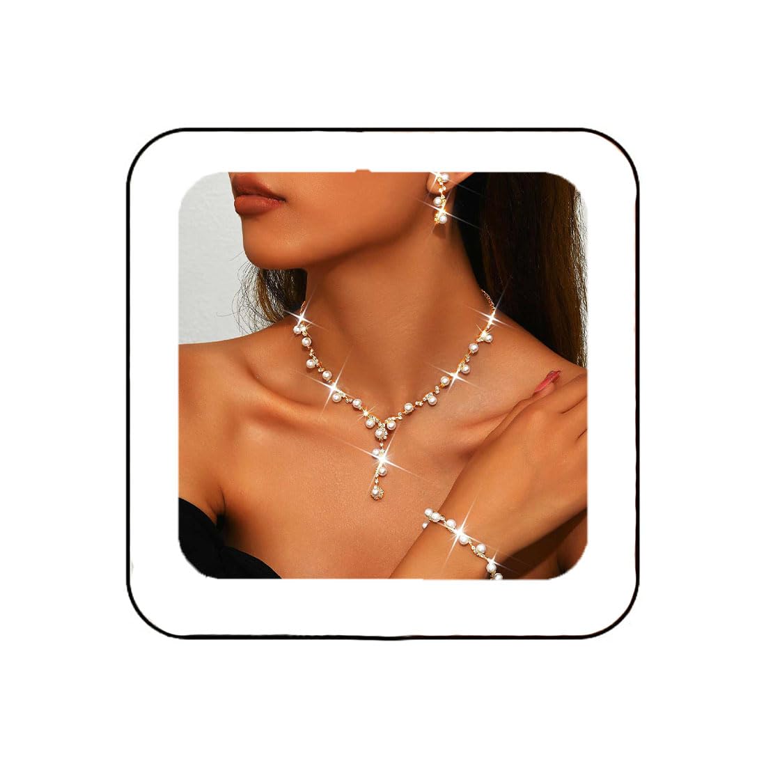 Unicra Gold Pearl Bridal Wedding Jewelry Set Rhinestone Necklace Earrings Bracelet Sets Formal Costume Jewelry for Women and Bri