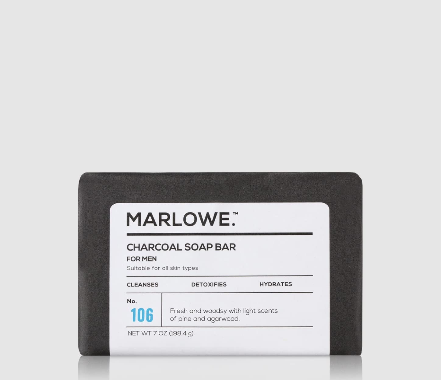 Marlowe. No. 106 Charcoal Soap 7 Oz, Body Bar Soap For Men, Cleansing, Purifying & Hydrating With Natural Extracts, Shea Butter,