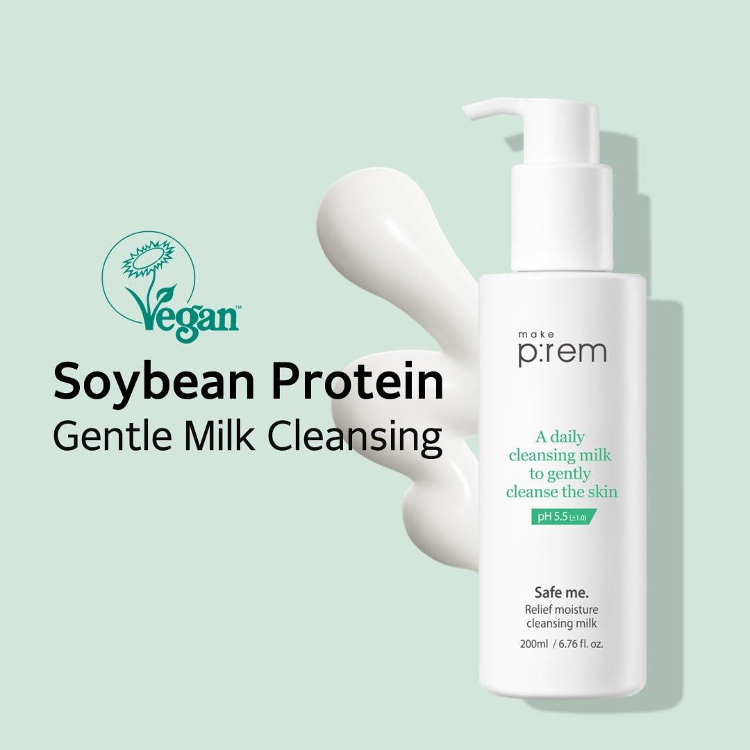 MAKEPREM Safe Me Relief Moisture Cleansing Milk 6.76 Fl Oz Sub-Acid pH 5.5 Mild Makeup Remover Gentle Milk Cleanser Dry Sensitiv
