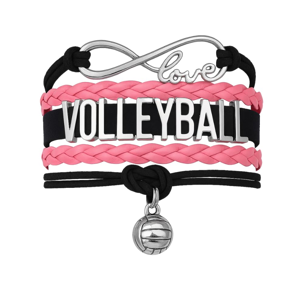 Sportybella Volleyball Bracelet, Black and Pink Adjustable Infinity Love Charm Bracelet, Volleyball Jewelry and Accessories, Gif