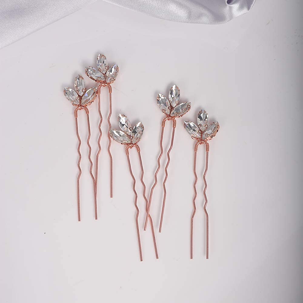 Yertter Wedding Hair Pins Set Of 5 Hair Pins Rhinestones Bridal Clip Accessories For Bride And Bridesmaids (Rose Gold)