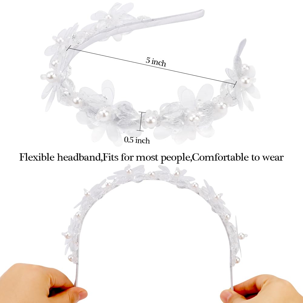 AHONEY Headband, White Flower Headpiece for Women and Girls, Elegant Dressy Hair Band with Pearl, Acrylic, Crystal Beads, Resin