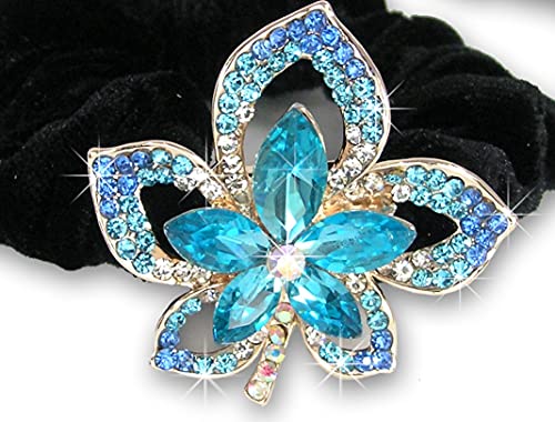 Jeweled Flower Black Elastic Hair Tie Scrunchies - Set Of 3-1 With Clear, 1 With Pink And 1 With Blue Crystal Jewels - Hair Acce