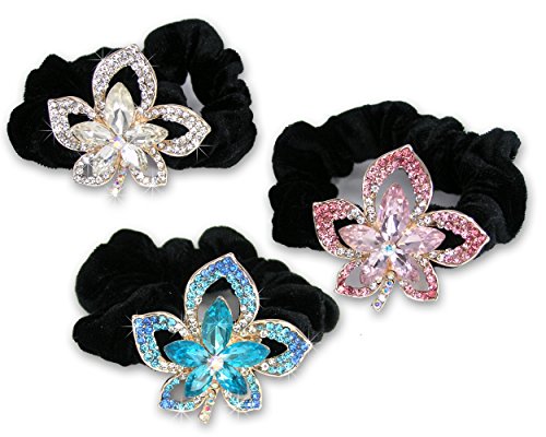 Jeweled Flower Black Elastic Hair Tie Scrunchies - Set Of 3-1 With Clear, 1 With Pink And 1 With Blue Crystal Jewels - Hair Acce