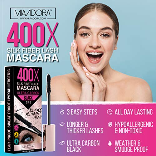 400X Pure Silk Fiber Lash Mascara Ultra Black Volume And Length], Longer & Thicker Eyelashes, Waterproof, Long Lasting, Instant