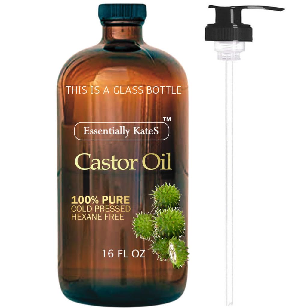 Castor Oil 16 Fl Oz (Glass Bottle) - Original Unrefined - A Huge Glass Bottle With A Pump - 100% Pure And Natural, Cold Pressed,