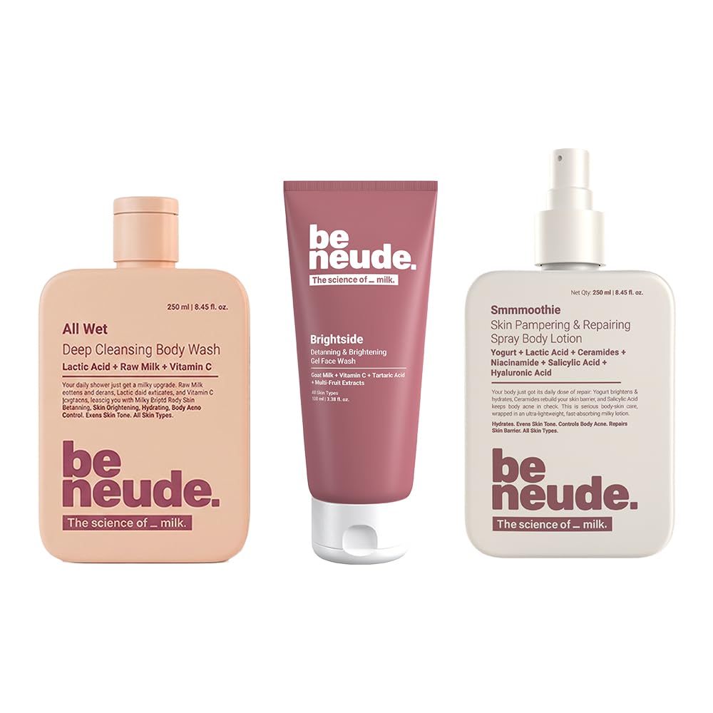 Be Neude Head To Toe Hydration Brightside Face Wash 100Ml All Wet Body Wash 250Ml And Body Lotion 250Ml Combo With Goat Milk Vit