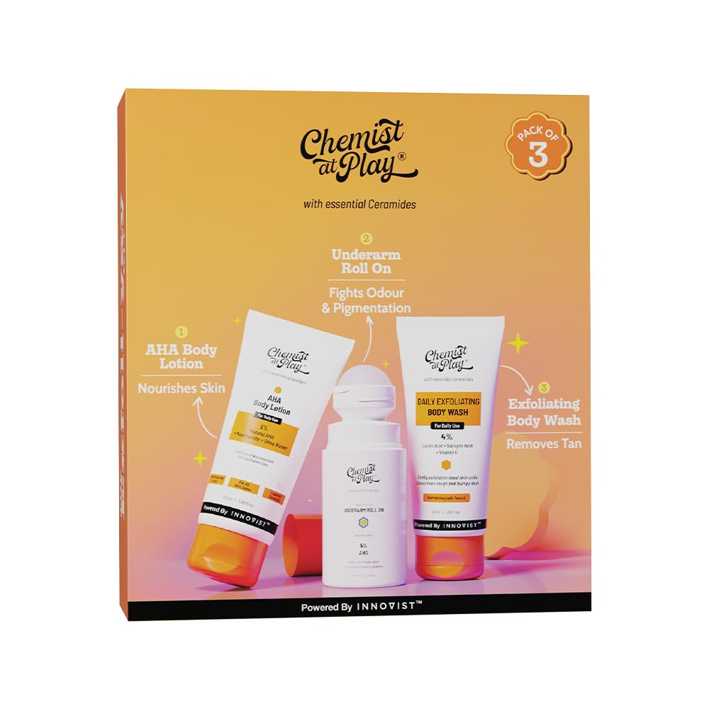 Chemist At Play Exfoliating Kit | Exfoliating Body Wash Removes Tan | Underarm Roll On Fights Odour & Brightens Underarm | Aha B