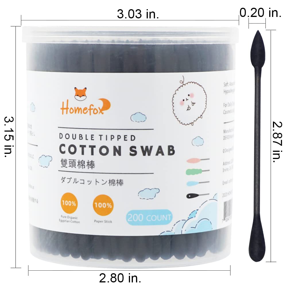 Homefox Black Cotton Swabs Precision Pointed - 800 Count Organic Pointy Cotton Bud Double Side Tightly Wrapped Charcoal Cotton T