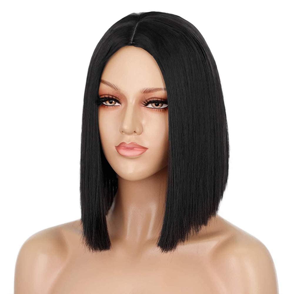 Entranced Styles Short Black Wigs For Women, Straight Bob Wigs For Girls Heat Resistant Synthetic Wigs 12 Inch Middle Part Hair