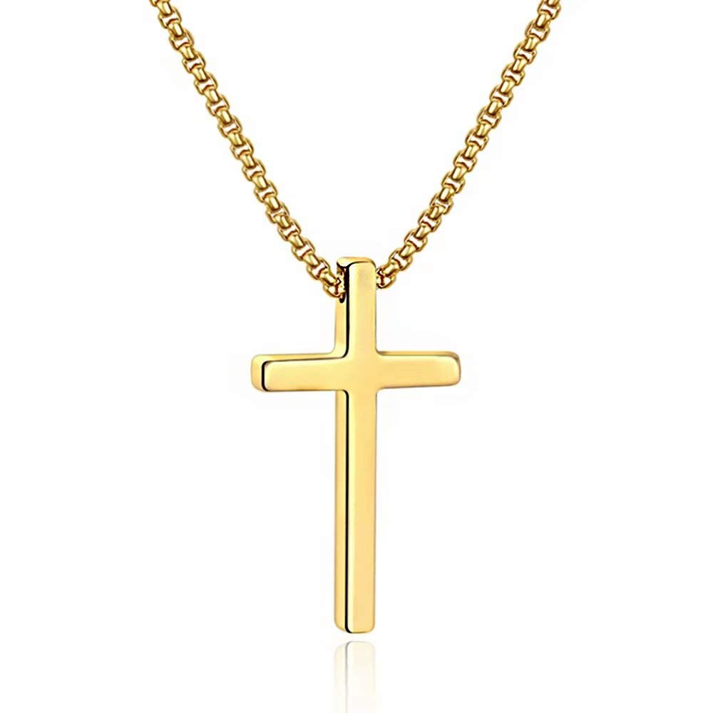 M MOOHAM Dainty Gold Stainless Steel Cross Pendant Necklaces for Men Pendant Chain 20 Inch Gold, Fathers Day Baptism Gifts for D
