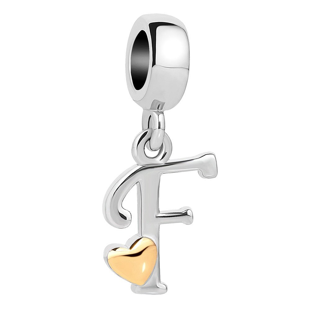QueenCharms Initial A-Z Letter Charm Golden Heart Alphabet Dangle Beads For Bracelets & Necklaces (F)