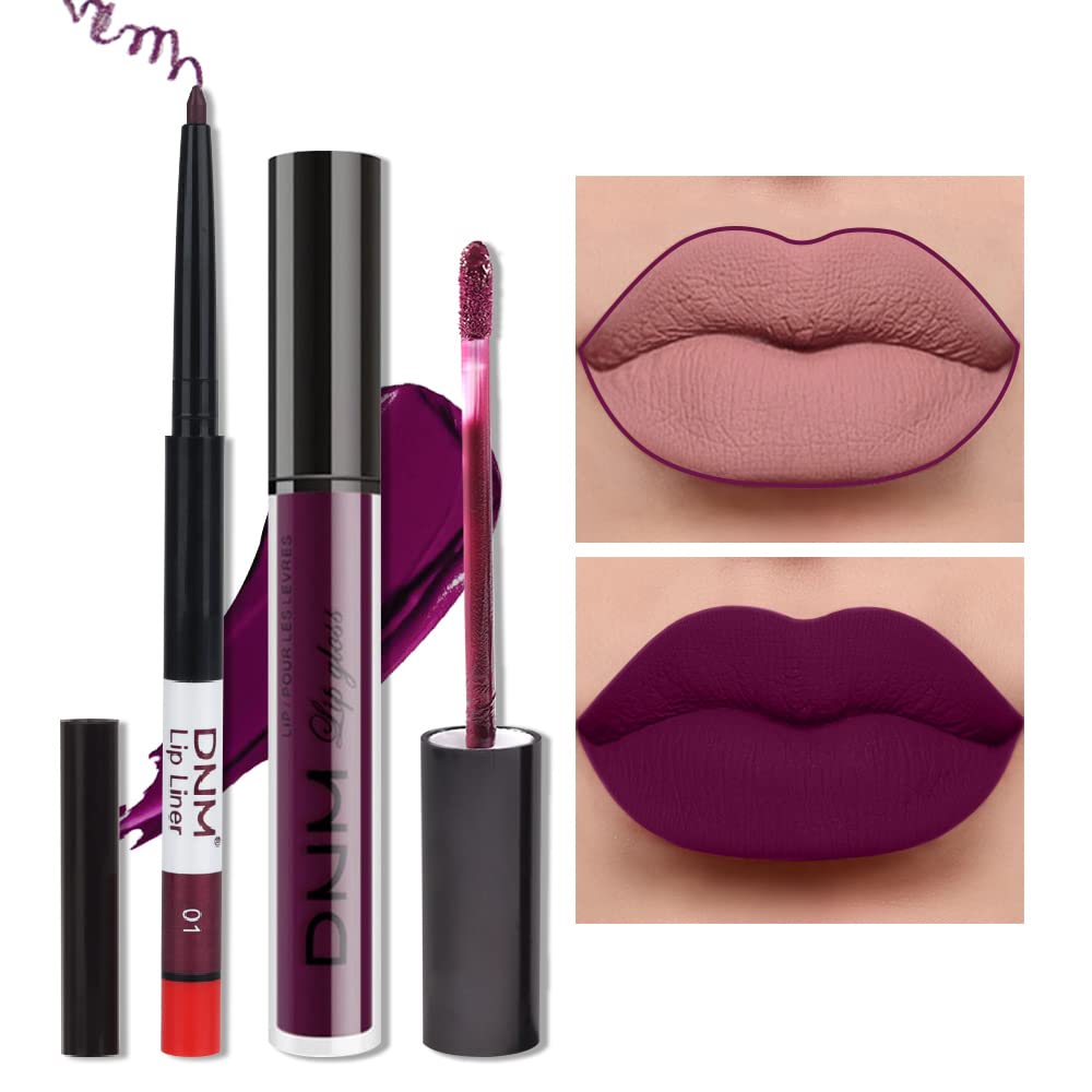 2Pcs Matte Dark Purple Lip Liner And Lipstick Makeup Set, Burgundy Matte Lipstick 24H And Lip Liner Set Deep Berry Matt Lip Glos