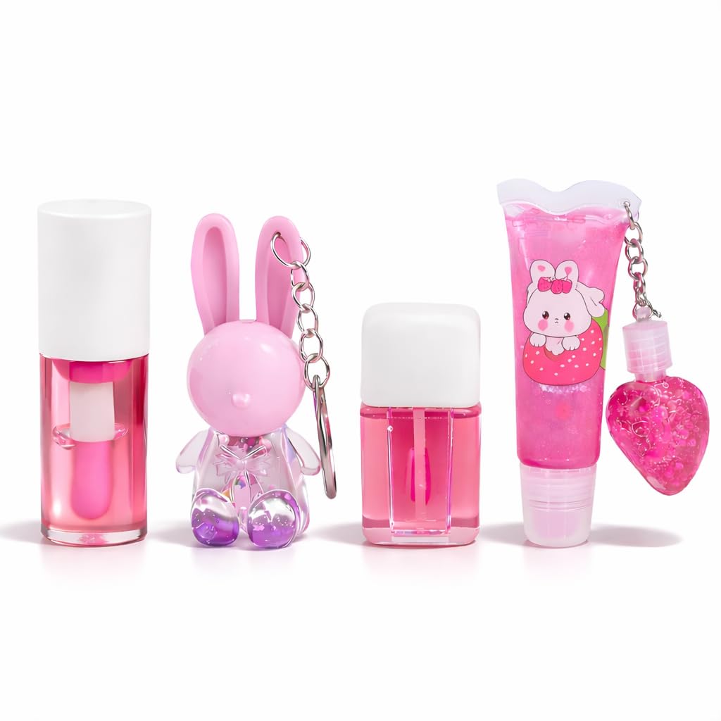 Viral Korean Lip Gloss Set Of 4 In Tinted Pink With Rabbit Keychain, 2In1 Tube, Liquid Oil And Swiss Pink Tint Combo, Cute Daily