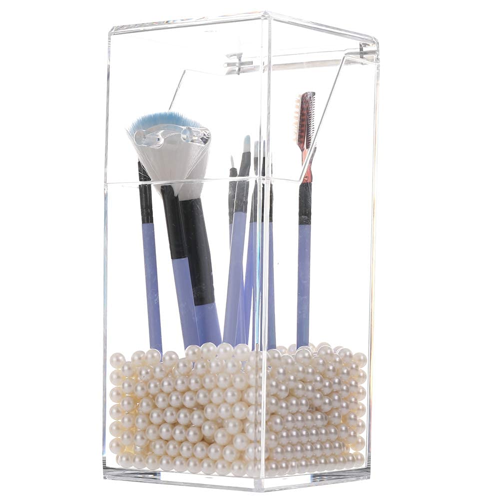 Sooyee Makeup Brush Holder,Makeup Brush Organizer With 8Mm White Pearls,Dustproof Makeup Brush Holder With Lid