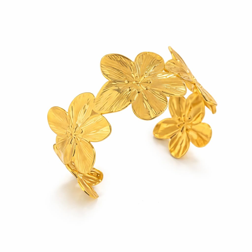 The Glitz Gallery Gold Flower Cuff Bracelet for Women | Floral Design Adjustable Open Bangle | Korean Style Minimal Fashion Brac